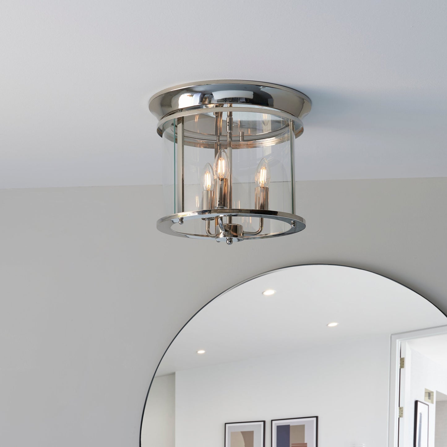 Nickel & Clear Glass Flush Ceiling 3 Lamp Ceiling Lantern - ID 11586