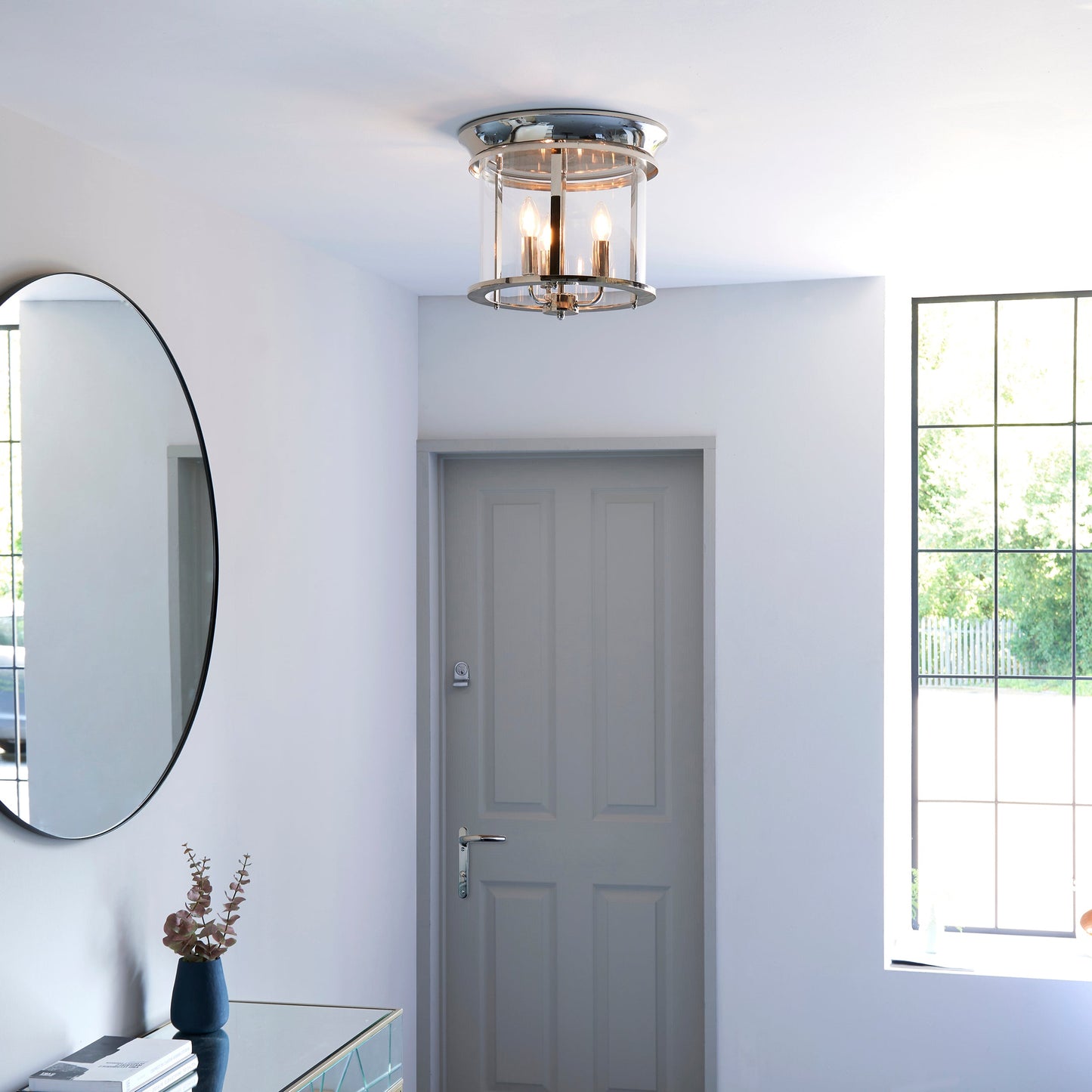 Nickel & Clear Glass Flush Ceiling 3 Lamp Ceiling Lantern - ID 11586