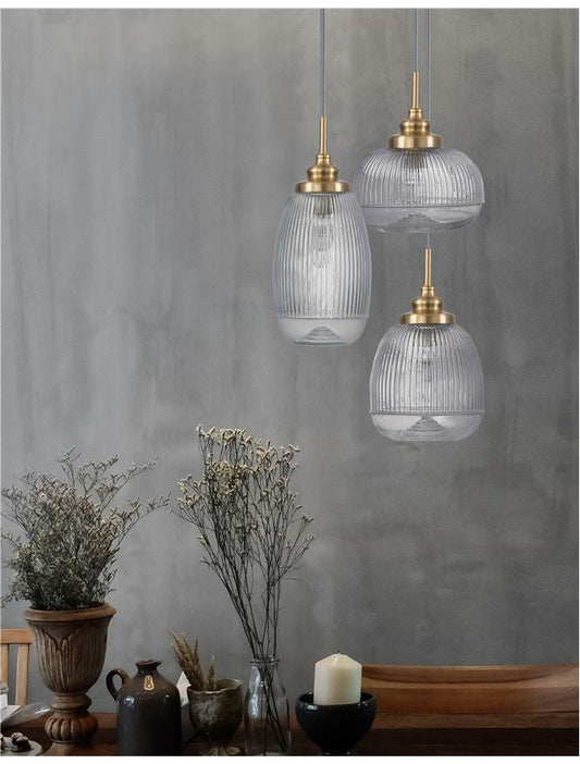 MON Clear Lined Enclosed Glass & Gold Metal 3 Light Multi Pendant - ID 10027