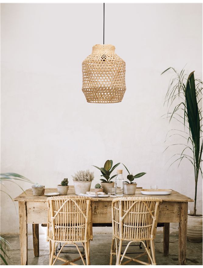 MIA Natural Ratan With Black Fabric Cable & Base Single Pendant - ID 10445