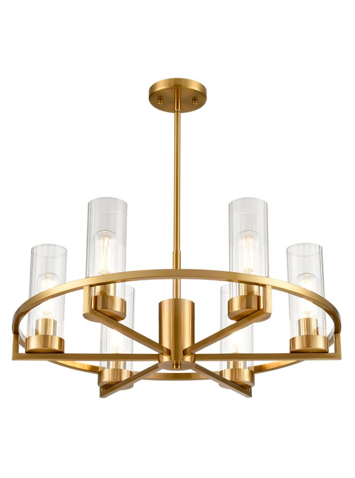 CAM Aged Brass & Ribbed Cylindrical Glass 6 Light Wheel Pendant - ID 13227