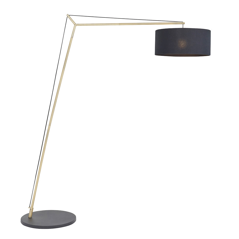 Leaning Matt Brass Floor Lamp with Black Shade - Full side view 