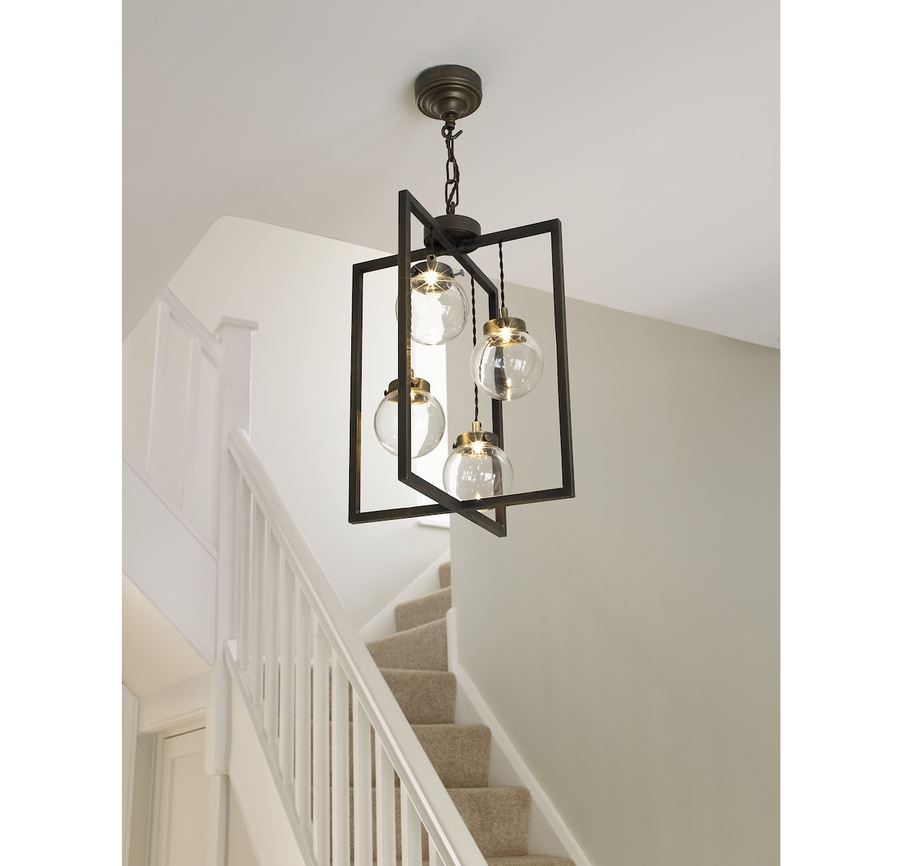 Chiswick Antique Brass 4 Globe Rectangular Frame Lantern Pendant - ID 6960
