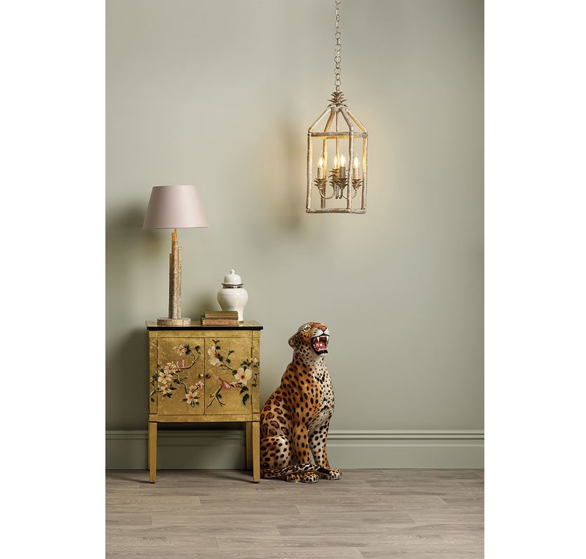 Pagoda Crackle Gold/Cream Bamboo Table Light with Light Grey/White Satin Shade - ID 10178