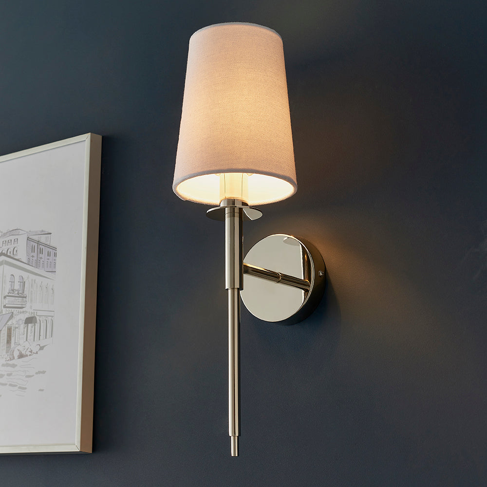 Polished Nickel Plated Slimline Wall Light With White Fabric Shade - ID 11130