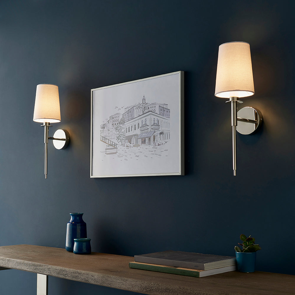 Polished Nickel Plated Slimline Wall Light With White Fabric Shade - ID 11130
