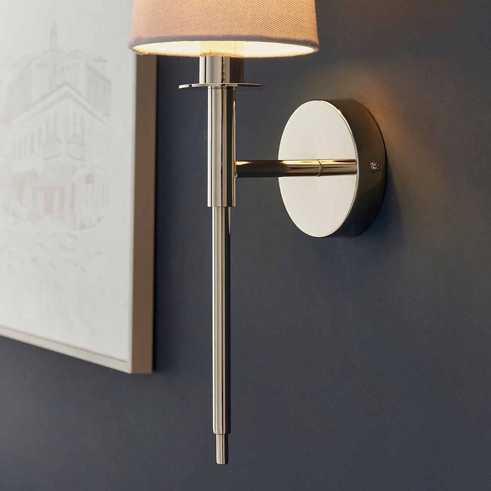 Polished Nickel Plated Slimline Wall Light With White Fabric Shade - ID 11130