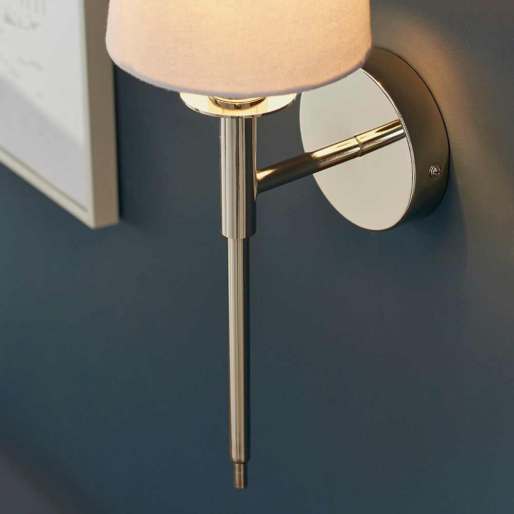 Polished Nickel Plated Slimline Wall Light With White Fabric Shade - ID 11130