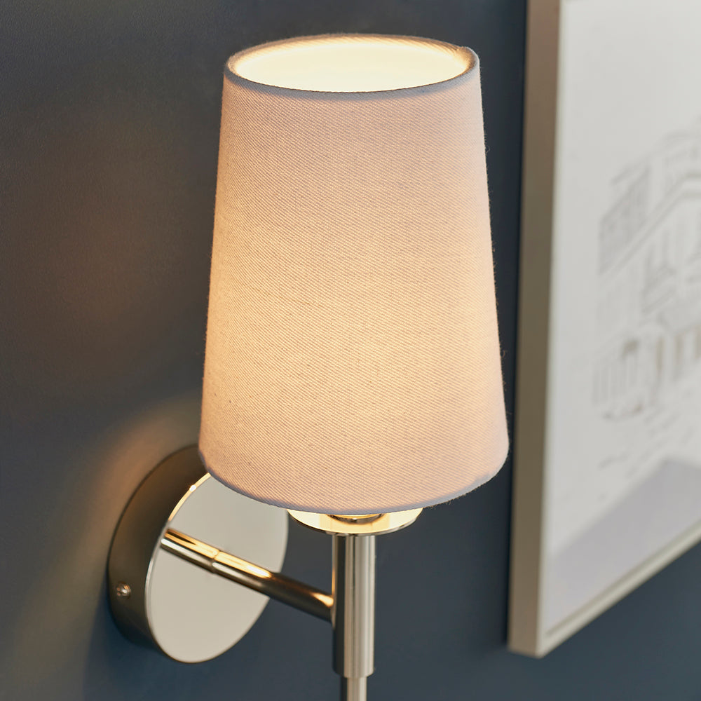 Polished Nickel Plated Slimline Wall Light With White Fabric Shade - ID 11130