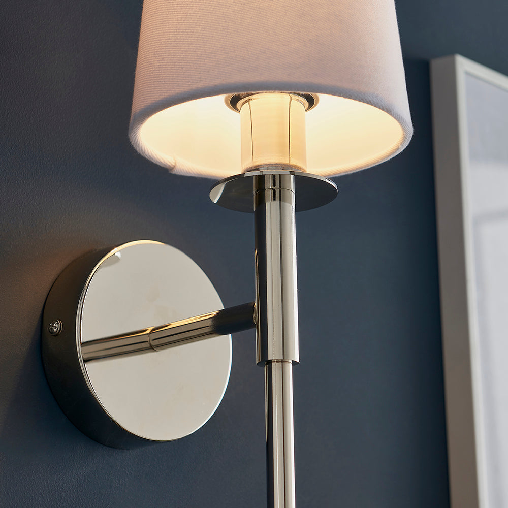 Polished Nickel Plated Slimline Wall Light With White Fabric Shade - ID 11130