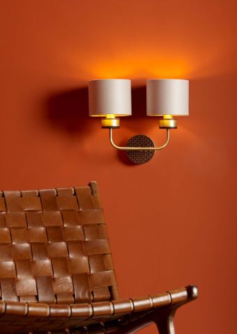 Hunter Brass & Brown Double Wall Light With Swan & Gold Satin Shades (Shade Colour Options Available) - ID 10276