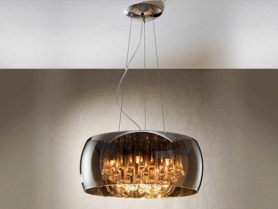 Smoked Glass & Chrome Large 6 Light Pendant With Crystal Drops - ID 8737