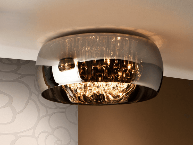 Smoked Glass & Chrome Large 6 Light Flush Ceiling light With Crystal Drops - ID 8739