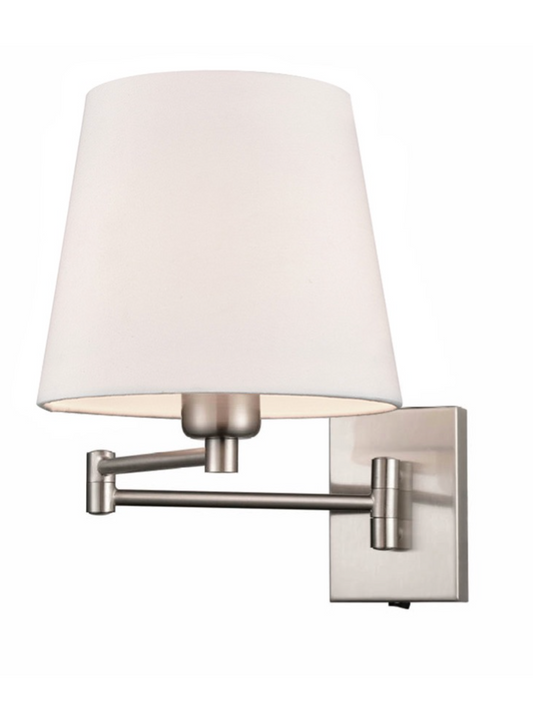 Satin Nickel Swing Arm Switched Wall Bracket, Off White Linen White Shade
