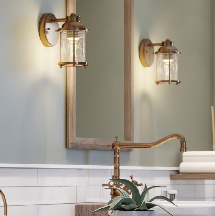 Nautilus Brass & Seeded Clear Glass IP44 Bathroom Wall Light - ID 14353