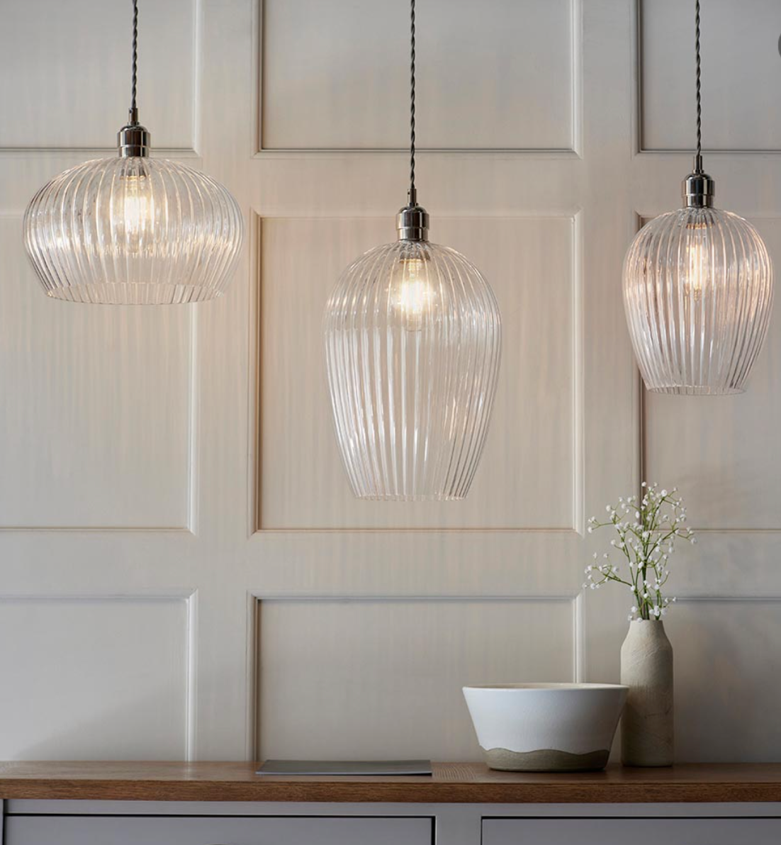 Ribbed glass & bright nickel large pendant - ID 12971