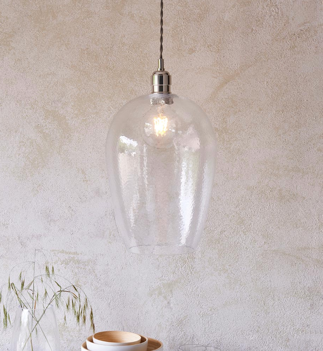 Hammered glass & bright nickel large pendant - ID 12993