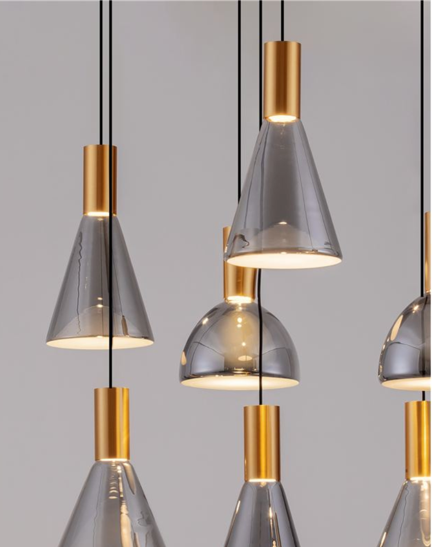 NL Voy Elegant Brass & Smoked Glass 7 Light Rectangular Multi Pendant - ID  ID 13828