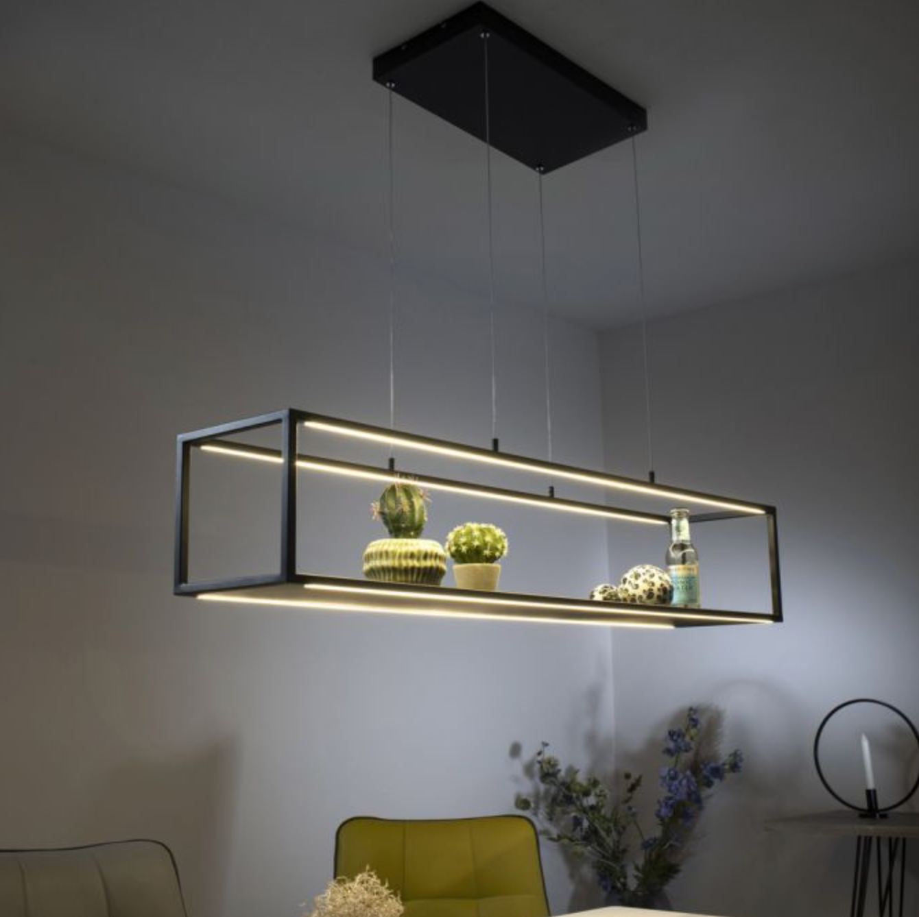 LED Rectangular Sand/Beige Box Pendant / Shelf glowing in dark room