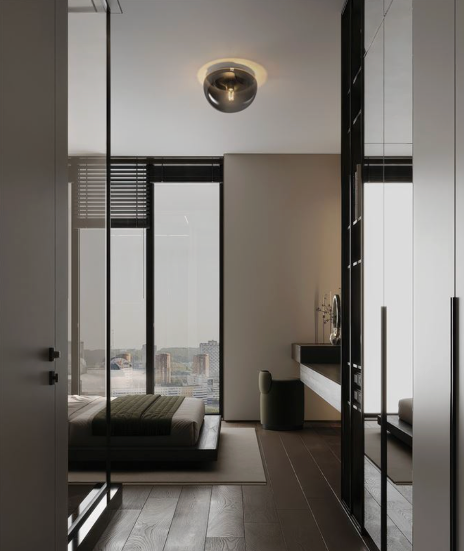 NL Ebonie Black & Smoked Glass Semi Flush Round Ceiling Light 31.5cm - ID 14469