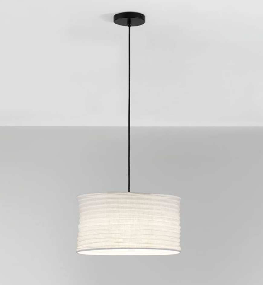 NL Cream Linen Pendant, Black Cable & Black Base, 38cm Diameter - ID 14498