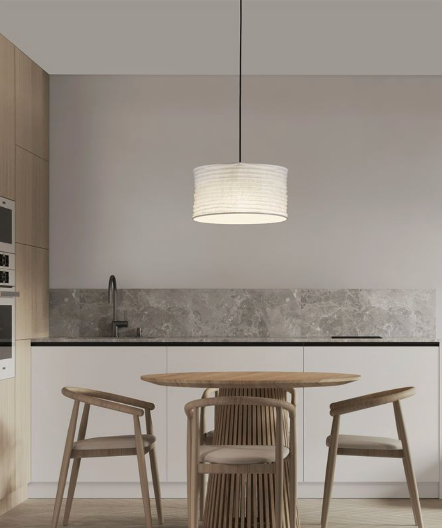 NL Cream Linen Pendant, Black Cable & Black Base, 38cm Diameter - ID 14498