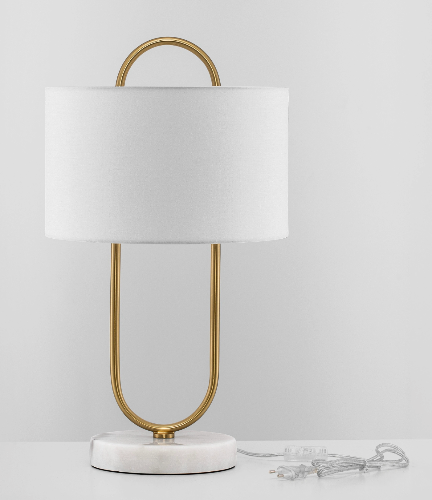 NL Melena Brass Gold Table Light, White Fabric Shade, Marble Base - ID 14673