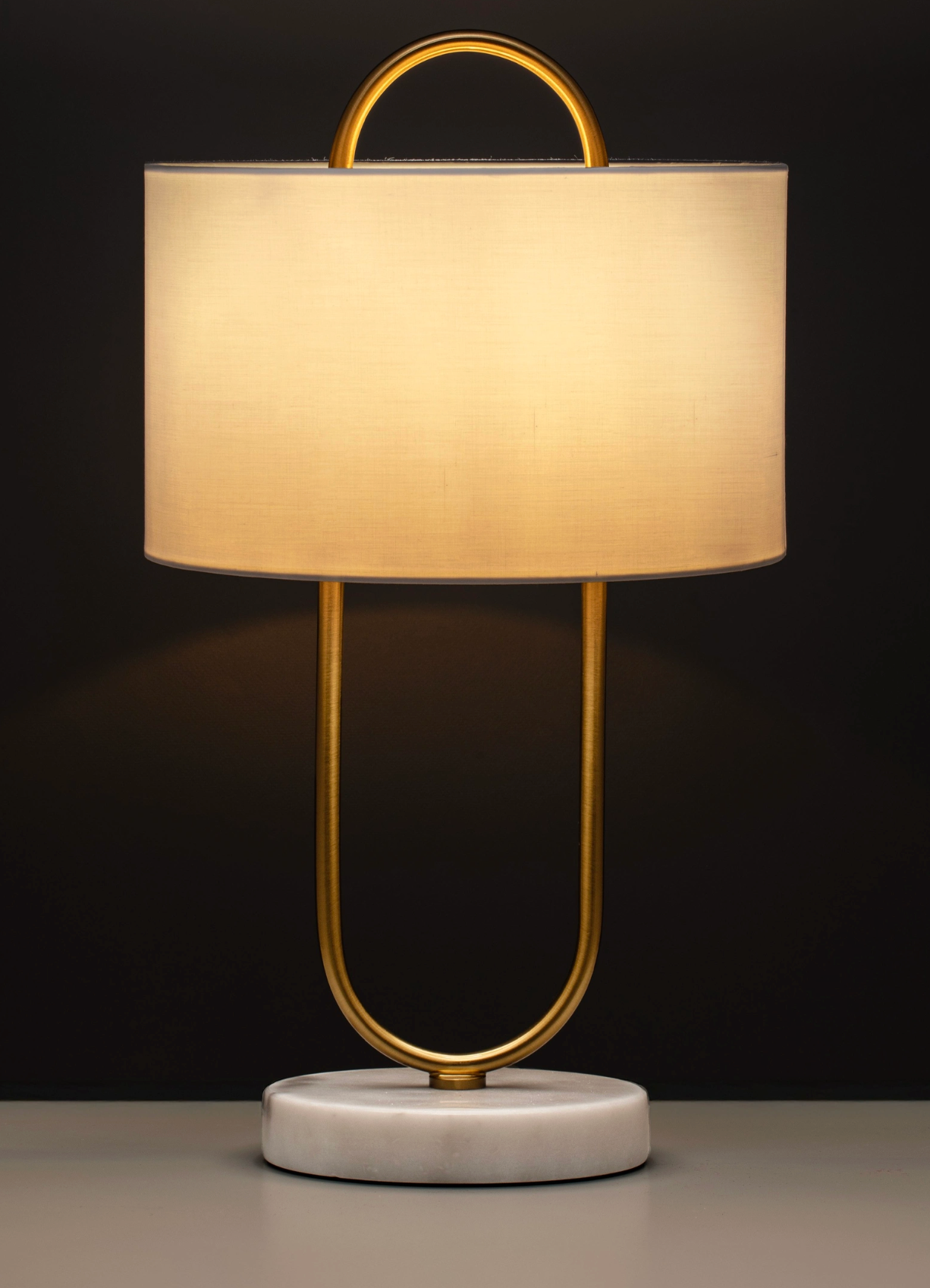 NL Melena Brass Gold Table Light, White Fabric Shade, Marble Base - ID 14673