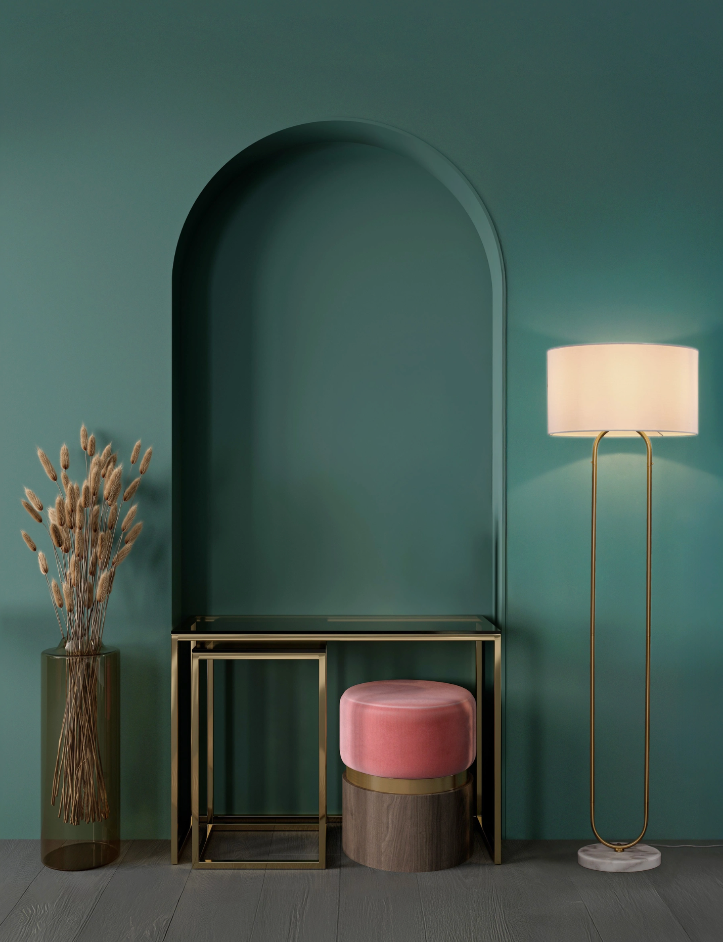 NL Melena Brass Gold Floor Light, White Fabric Shade, Marble Base - ID 14674