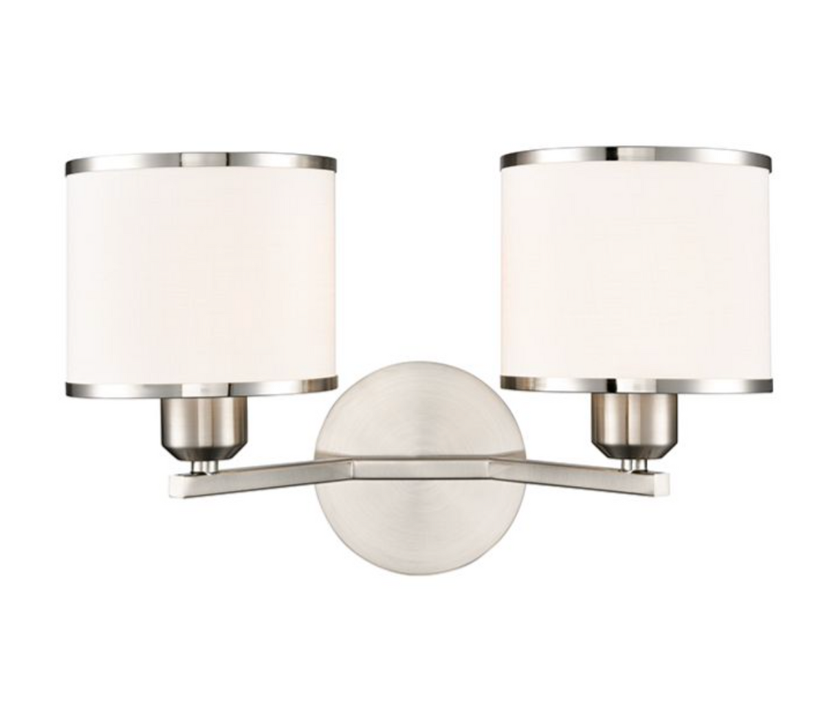 A modern two-light wall sconce with cylindrical off-white fabric shades and a brushed silver metal body, shown against a plain white background.