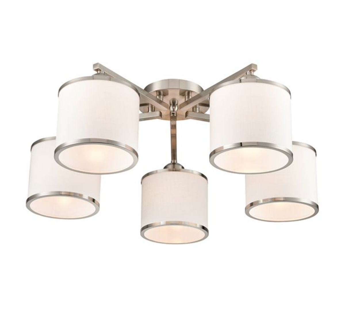 A modern 5-light semi-flush mount ceiling light fixture with cylindrical white fabric drum shades and a brushed nickel metal frame, shown against a solid white background.