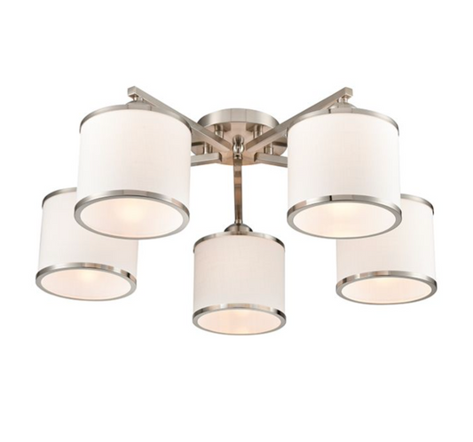 A modern 5-light semi-flush mount ceiling light fixture with cylindrical white fabric drum shades and a brushed nickel metal frame, shown against a solid white background.