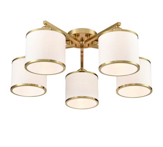 A modern five-light ceiling fixture with cylindrical white fabric shades and a polished gold-toned metal frame, shown against a plain white background.