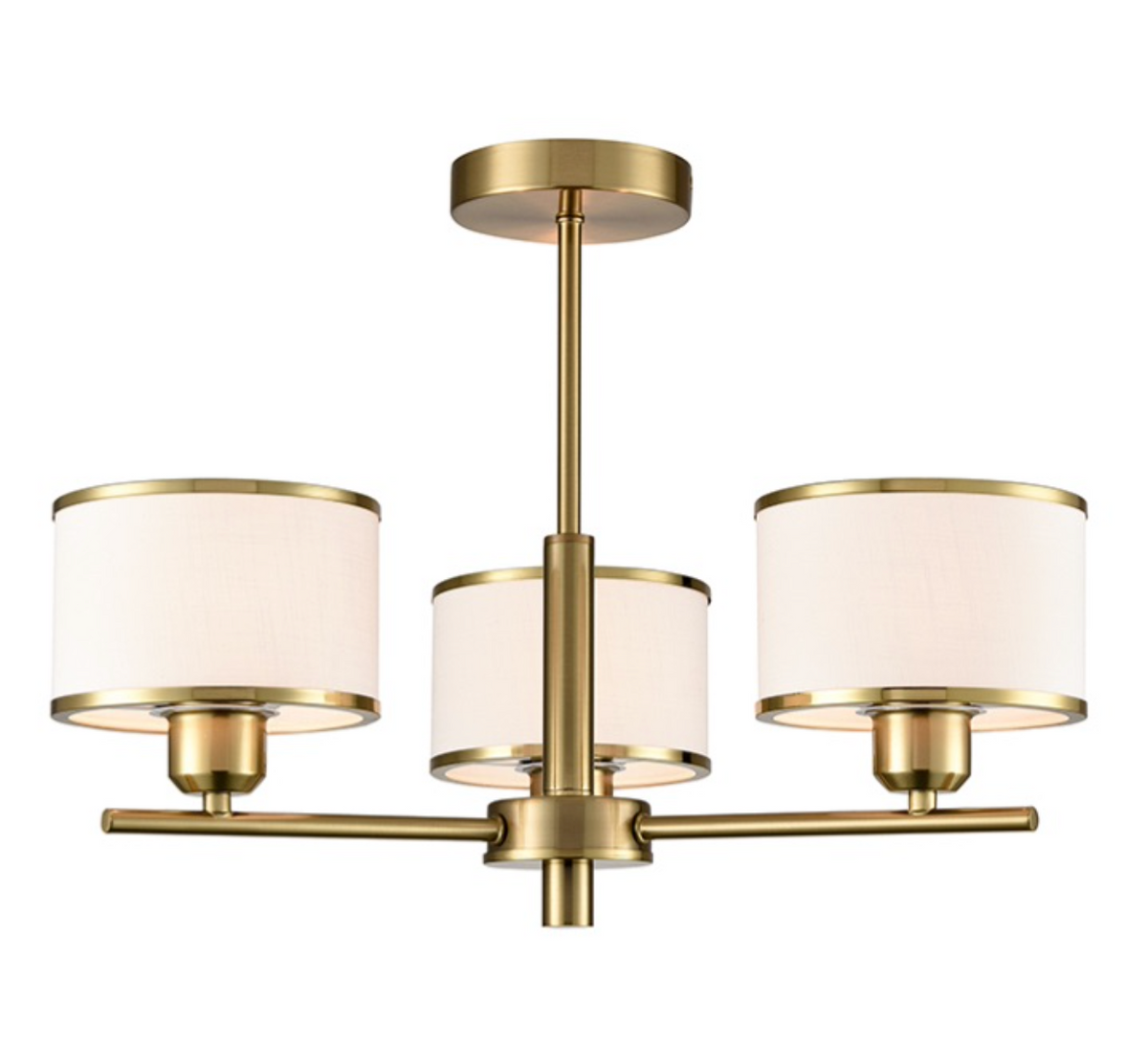 A modern three-light chandelier with a brushed gold metal frame and cylindrical off-white fabric shades, shown against a plain white background.