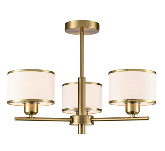A modern three-light chandelier with a brushed gold metal frame and cylindrical off-white fabric shades, shown against a plain white background.