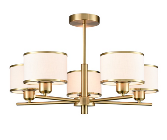 A modern six-light chandelier with a brushed gold metal frame and cylindrical white fabric shades, shown against a plain white background.