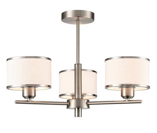 A modern three-light chandelier with a brushed nickel metal frame and cylindrical drum shades made of a warm cream fabric, shown against a plain white background.