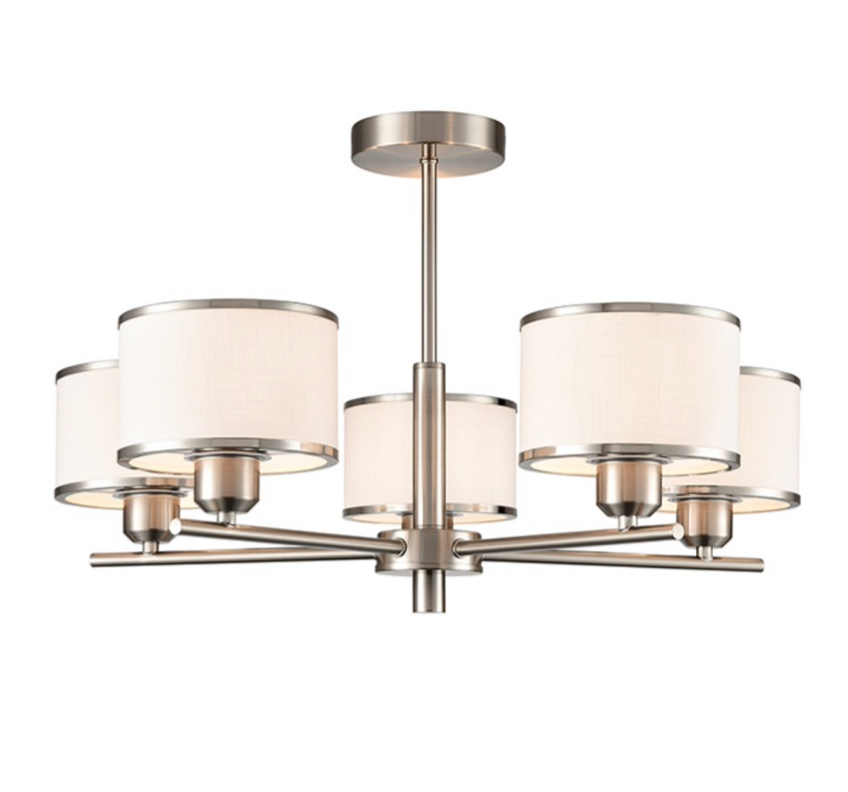 A modern 5-light chandelier with a brushed nickel metal frame and cylindrical drum shades made of a warm cream fabric, shown against a plain white background.