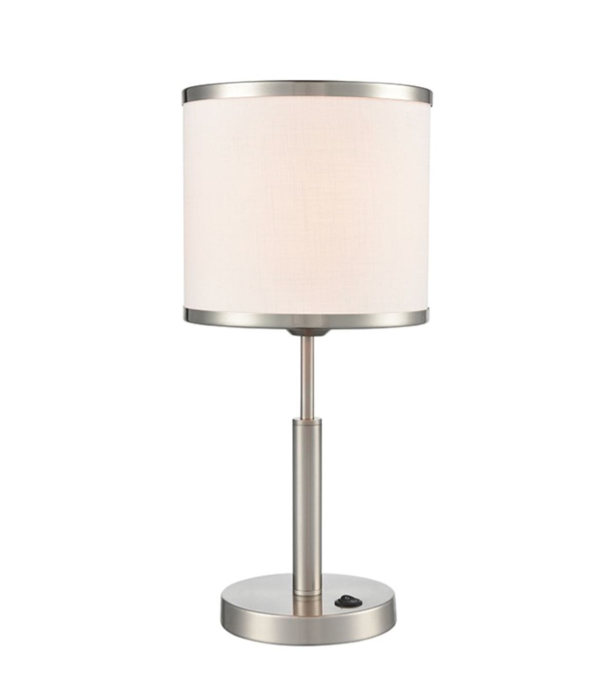 A modern table lamp with a brushed silver metal base and a cylindrical off-white fabric shade, shown against a plain white background.