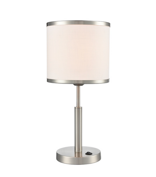 A modern table lamp with a brushed silver metal base and a cylindrical off-white fabric shade, shown against a plain white background.