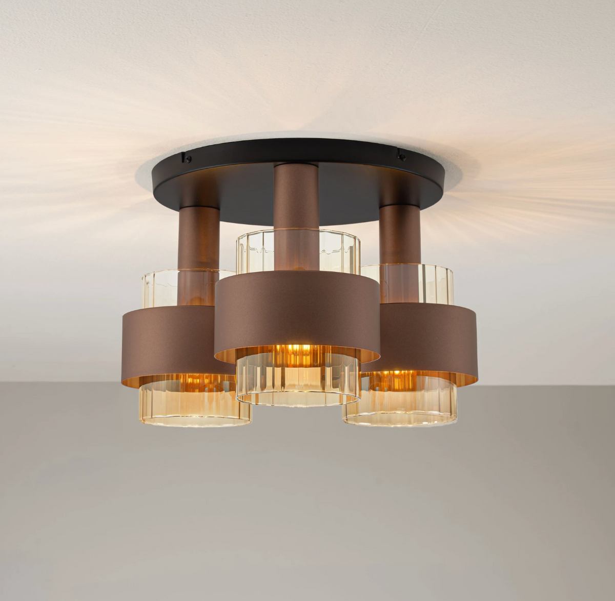 ENA Coffee & Ribbed Amber Glass 3lt Round Ceiling Light - ID 15107