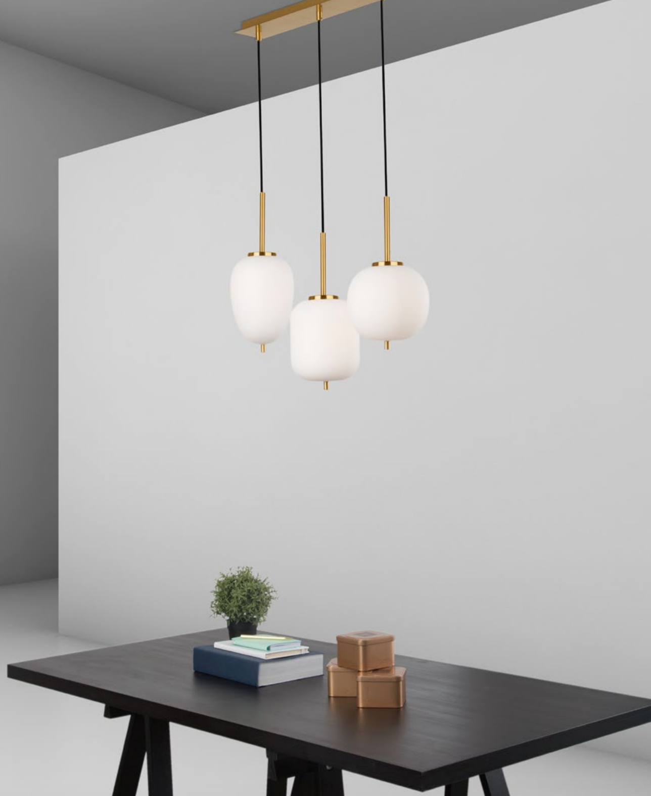 LAT Brass & Opal Glass Linear Triple Pendant  -  ID 9953