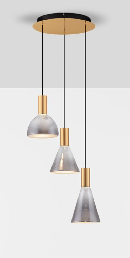 NL Voy Elegant Brass & Smoked Glass 3 Light Round Multi Pendant - ID 13765