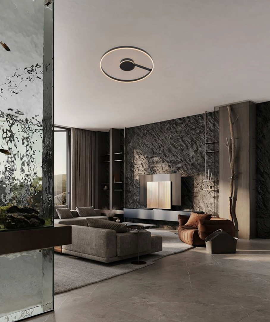 NL Siene Matt Black Aluminium & Acrylic Semi Flush Ring Ceiling Light 80cm - ID 14544