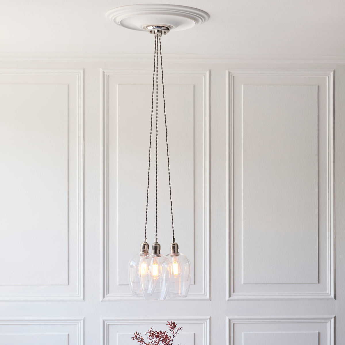3 Light Wine Glass Cluster Pendant in Polished Nickel with Clear Glass - ID 14901