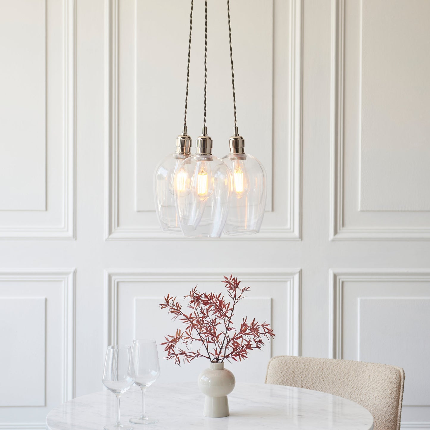 3 Light Wine Glass Cluster Pendant in Polished Nickel with Clear Glass - ID 14901