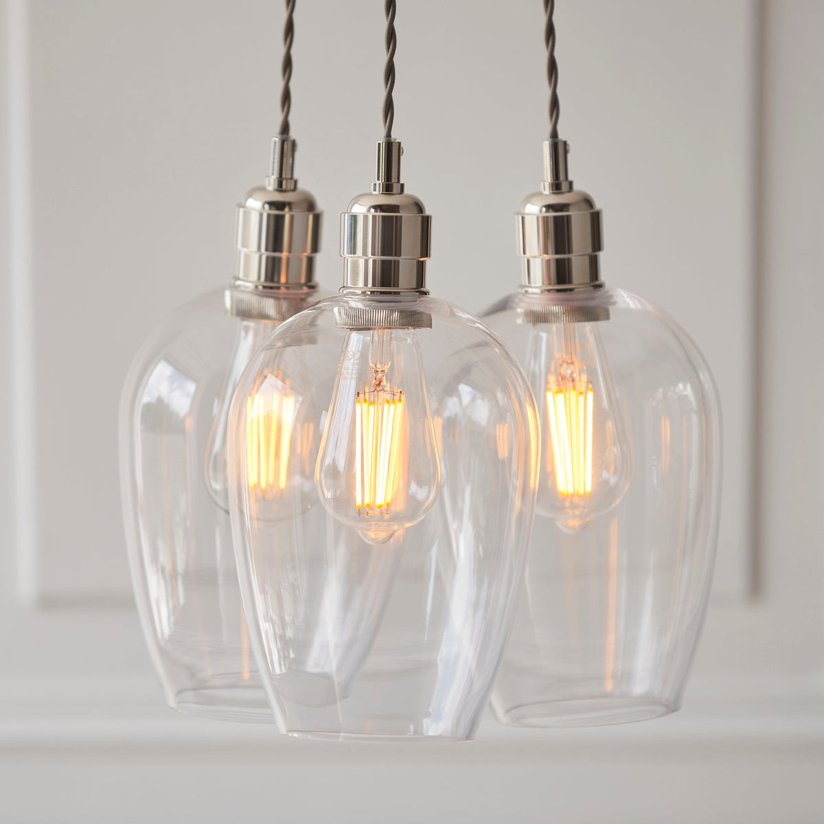 3 Light Wine Glass Cluster Pendant in Polished Nickel with Clear Ribbed Glass - ID 14906