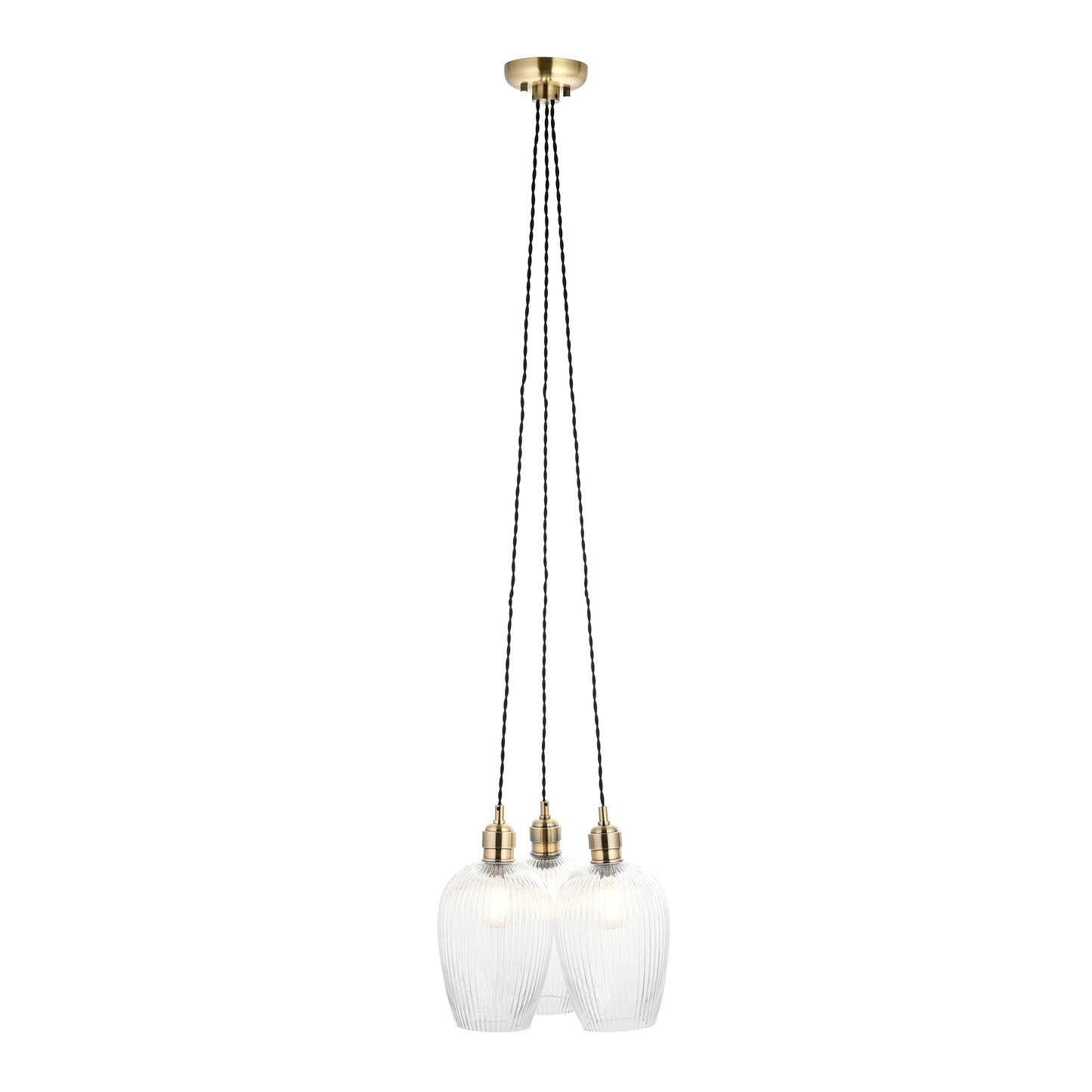 3 Light Wine Glass Cluster Pendant in Antique Brass with Clear Ribbed Glass - ID 14907