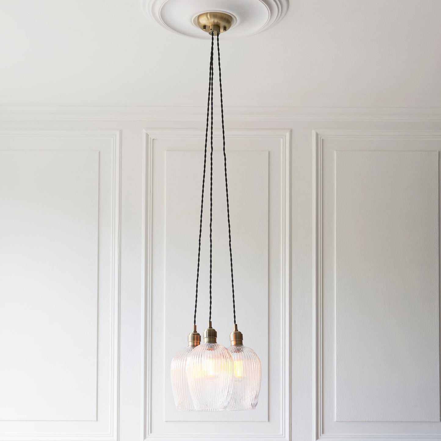 3 Light Wine Glass Cluster Pendant in Antique Brass with Clear Ribbed Glass - ID 14907