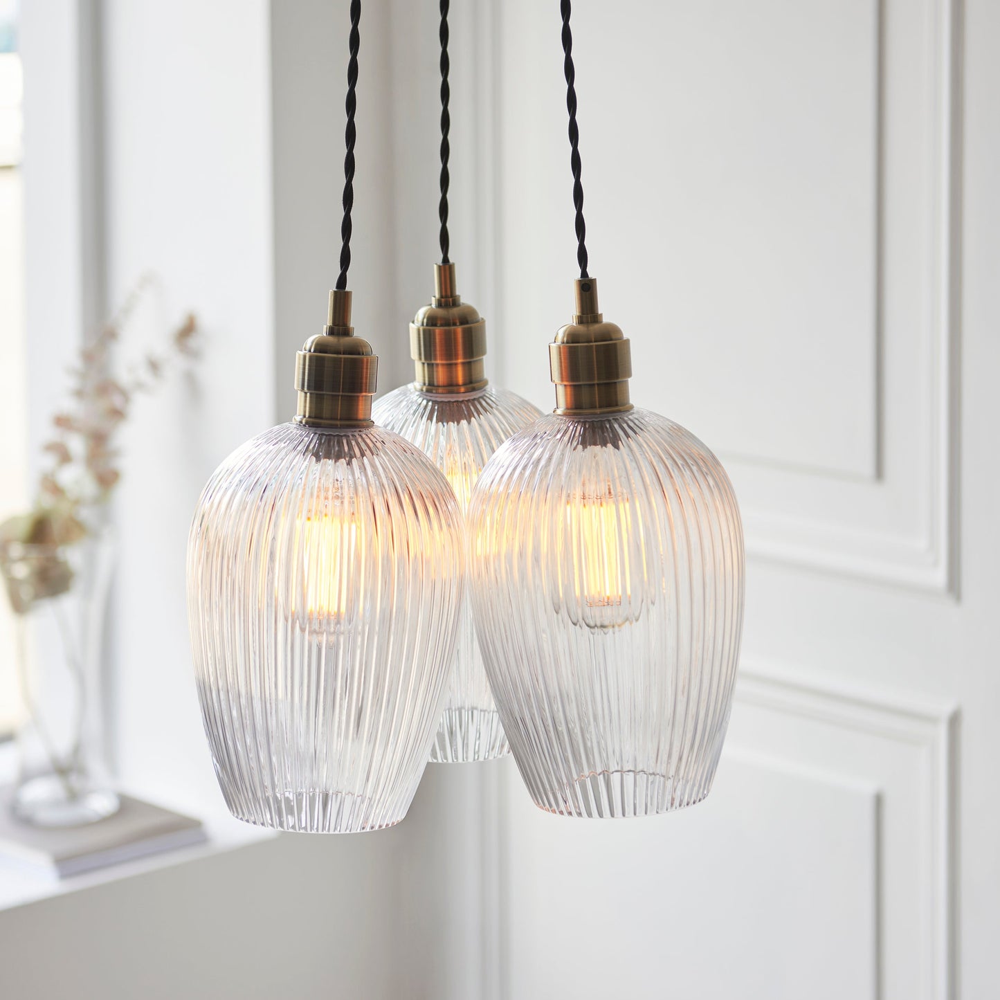 3 Light Wine Glass Cluster Pendant in Antique Brass with Clear Ribbed Glass - ID 14907